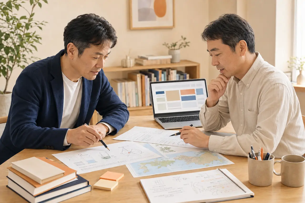 二人の教材制作者が過去問や資料を見ながら教材を検討するイメージ