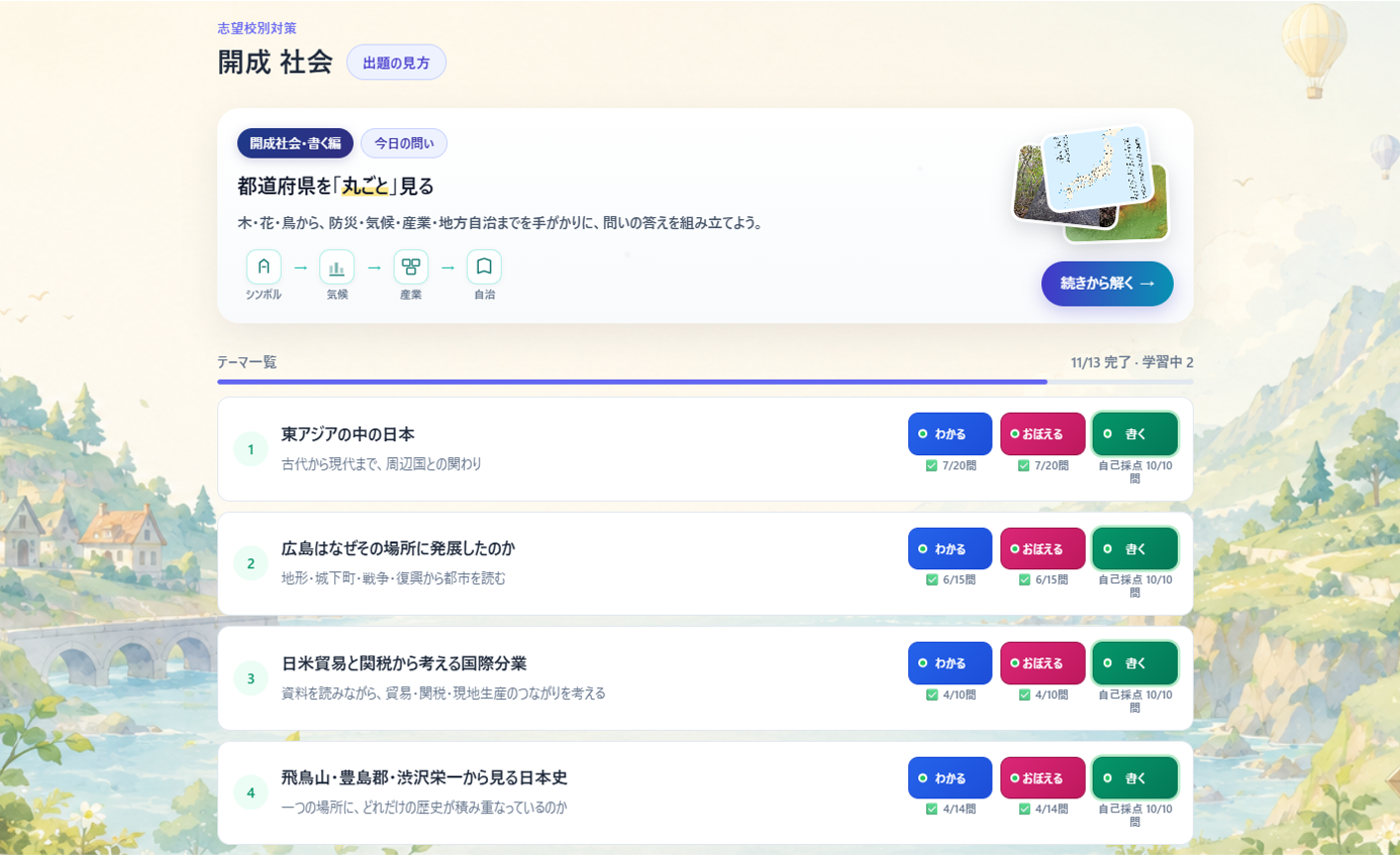 開成社会モードのテーマ一覧画面