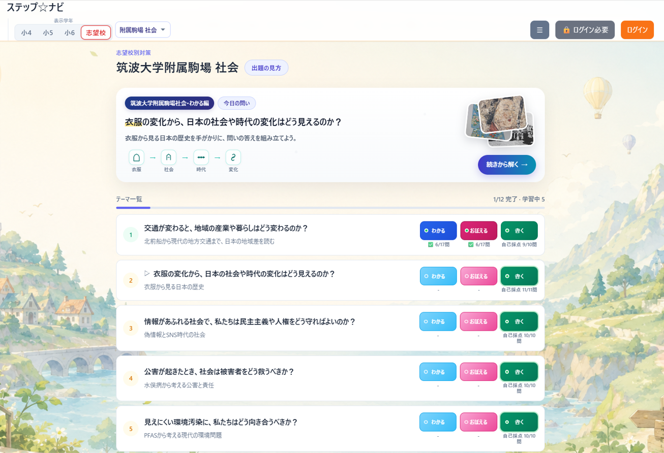 筑駒社会対策のテーマ一覧画面
