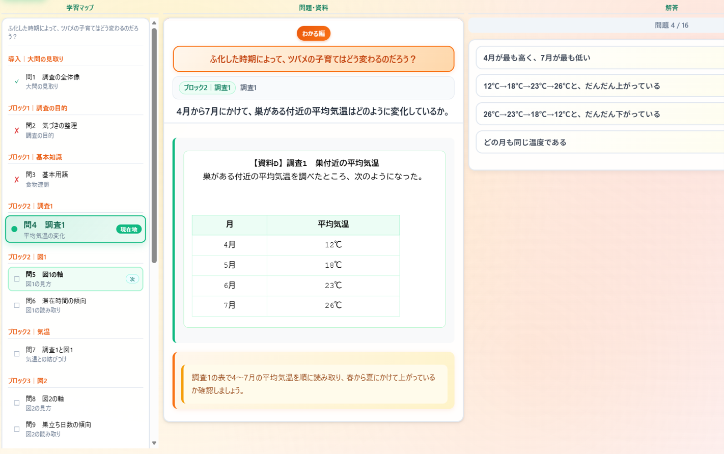 平均気温の表を読み取る理科の画面