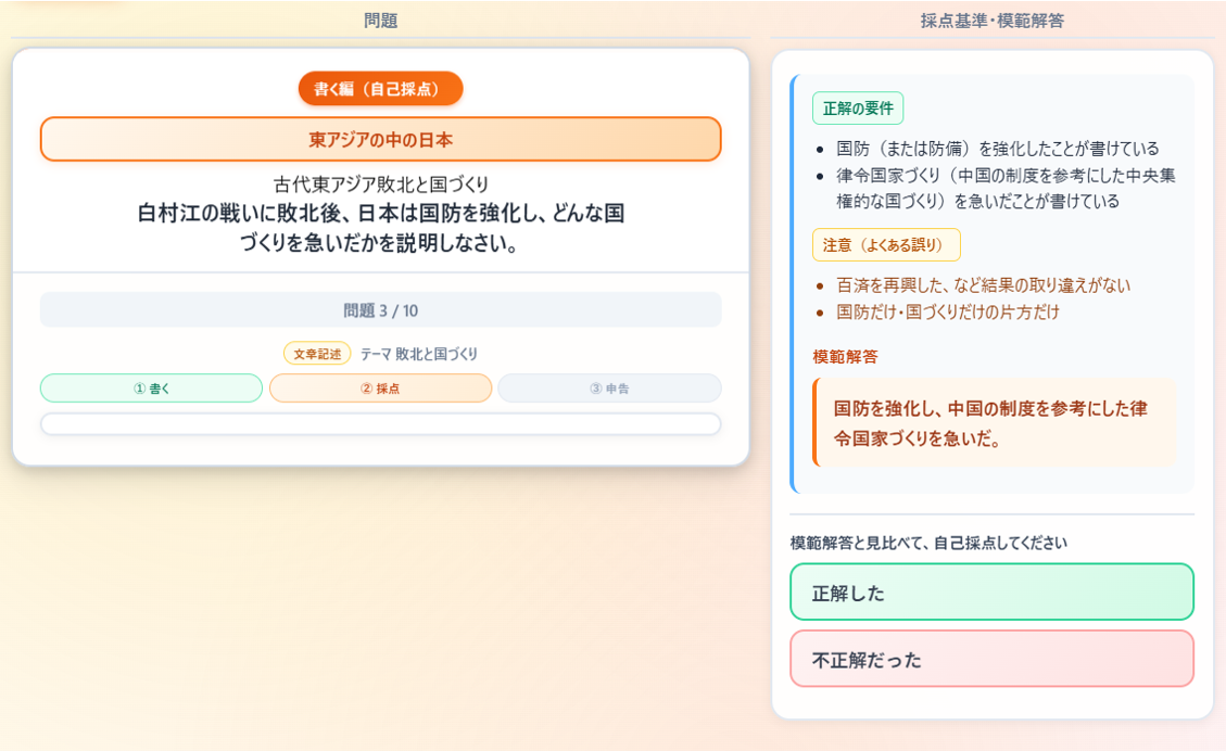 記述問題と採点の観点が表示された書く編の画面